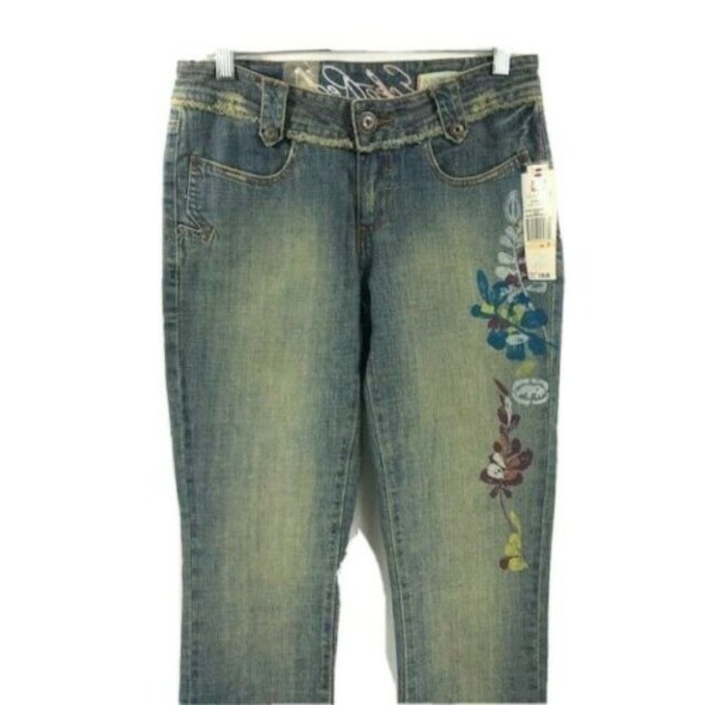 EckoRed Junior's Jeans Blue Burgundy Yellow Floral Design Vintage Size 9 NWT